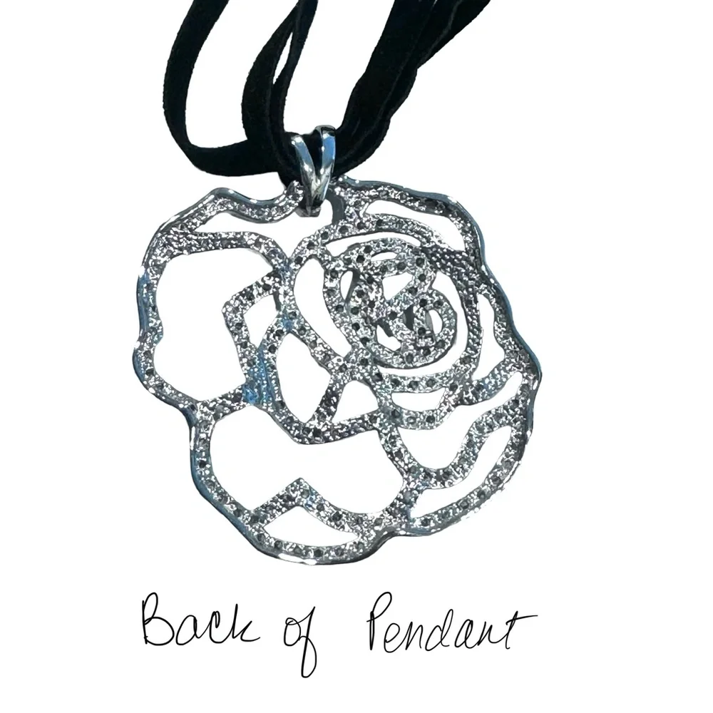 STERLING SILVER OPEN FLOWER PENDANT W MICRO PAVE STONES ON BLACK SUEDE NECKLACE